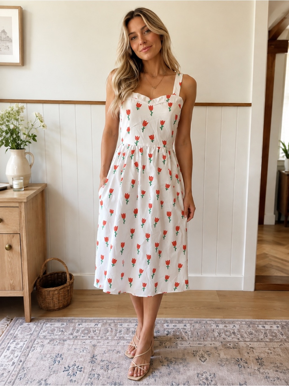 White Midi Sundress with Red Tulip Print and Adjustable Straps